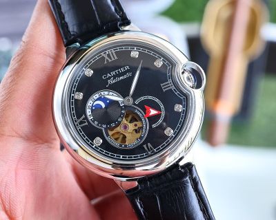 Cartier 316L Steel Automatic Movement 44*11MM Black/White/Blue Dial Black/Red Bracelet Watch